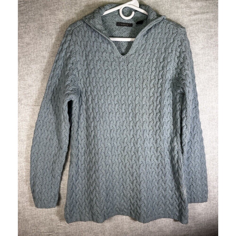 Womens Liz Claiborne Sky Blue Cable Knit Chunky Sweater Size Large V neck Granny